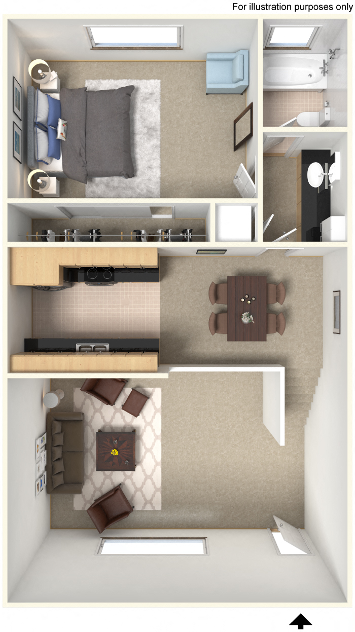 Floor plan for 1 bed, 1 bath, 650 sqft